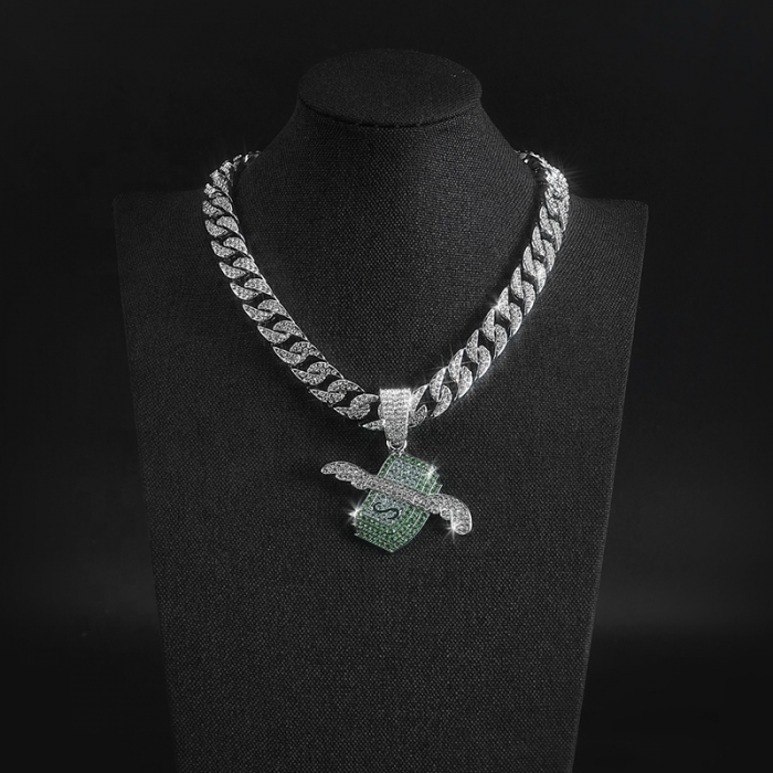 Lant Cuban Chain cu pandantiv in forma de dolar cu aripi, pietre zirconiu, placat cu aur 18K, lungime 45 cm, Tessero, argintiu [4]