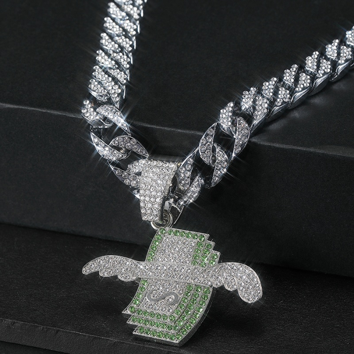 Lant Cuban Chain cu pandantiv in forma de dolar cu aripi, pietre zirconiu, placat cu aur 18K, lungime 45 cm, Tessero, argintiu [2]