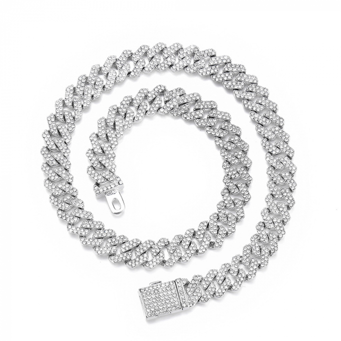 Lant Cuban Chain design cubic din otel inoxidabil, placat cu aur 18K, inchidere cu catarama, pietre zirconiu Tessero, argintiu [1]