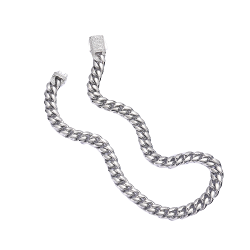 Lant Cuban Chain din otel inoxidabil, catarama cu inchidere tip buton cu pietre zirconiu, placat cu aur 18K, unisex, 45 cm, 12 mm, Tessero, argintiu [1]