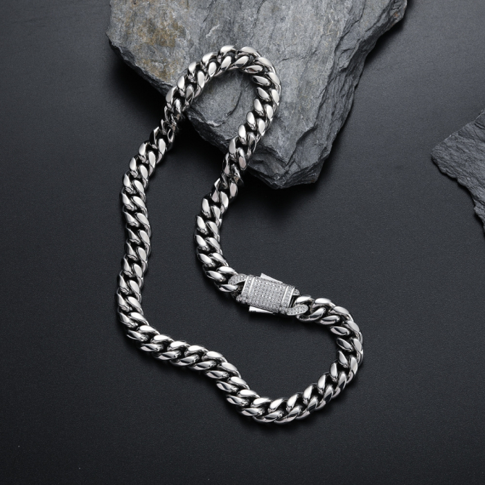 Lant Cuban Chain din otel inoxidabil, catarama cu inchidere tip buton cu pietre zirconiu, placat cu aur 18K, unisex, 45 cm, 12 mm, Tessero, argintiu [2]
