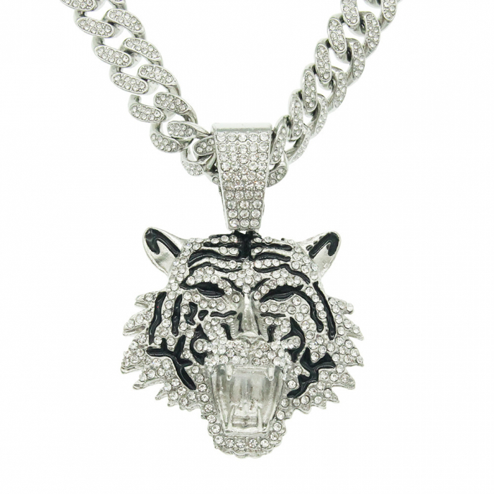 Lant Cuban Chain Iced Out cu pandantiv model in forma de cap de tigru, placat cu aur 18K, pietre zirconiu, inchidere tip catarama, Tessero, 50 cm, unisex, argintiu [3]