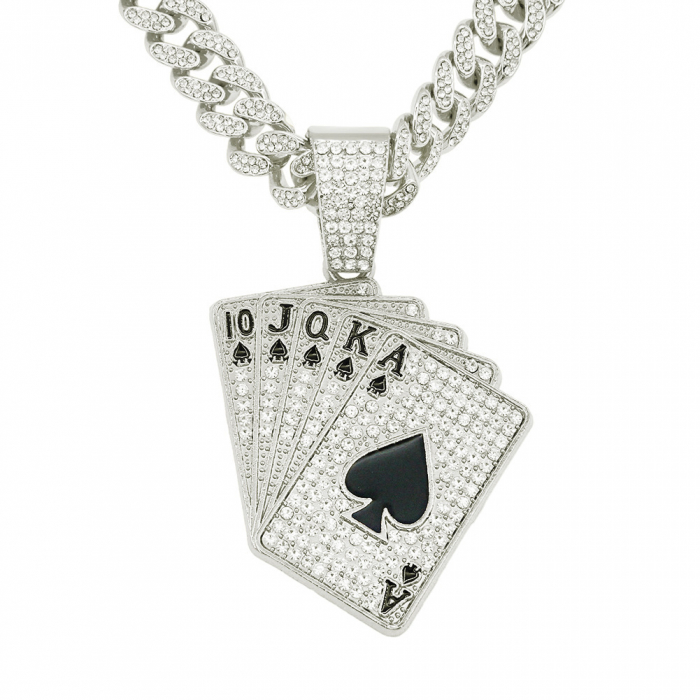 Lant Cuban Chain Iced Out cu pandantiv model in forma de carti de joc, placat cu aur 18K, pietre zirconiu, inchidere tip catarama, Tessero, 50 cm, unisex, argintiu [2]