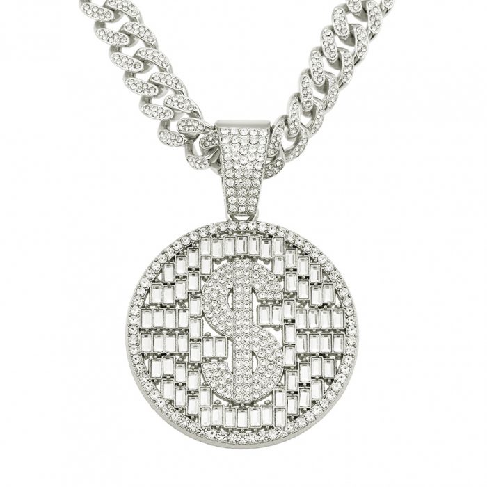 Lant Cuban Chain Iced Out cu pandantiv model in forma de dolar, placat cu aur 18K, pietre zirconiu, inchidere tip catarama, Tessero, 50 cm, unisex, argintiu [2]