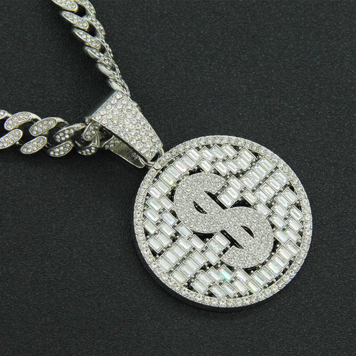 Lant Cuban Chain Iced Out cu pandantiv model in forma de dolar, placat cu aur 18K, pietre zirconiu, inchidere tip catarama, Tessero, 50 cm, unisex, argintiu [3]