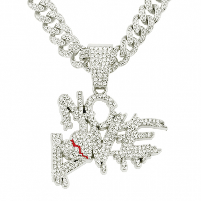 Lant Cuban Chain Iced Out cu pandantiv " No Love '', placat cu aur 18K, pietre zirconiu, inchidere tip catarama, Tessero, 50 cm, unisex, argintiu [1]