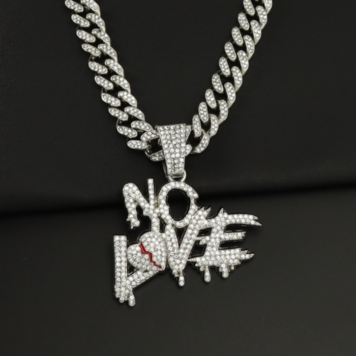 Lant Cuban Chain Iced Out cu pandantiv " No Love '', placat cu aur 18K, pietre zirconiu, inchidere tip catarama, Tessero, 50 cm, unisex, argintiu [2]