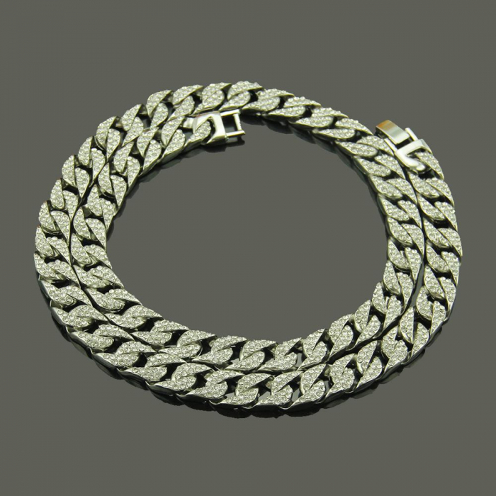 Lant Cuban Chain Link, placat cu aur 18K, insertii de ziconiu alb, 75 cm [2]