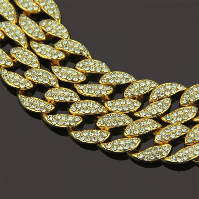 Lant Cuban Chain Link, placat cu aur 18K, insertii de zirconiu alb, 45 cm, auriu [3]
