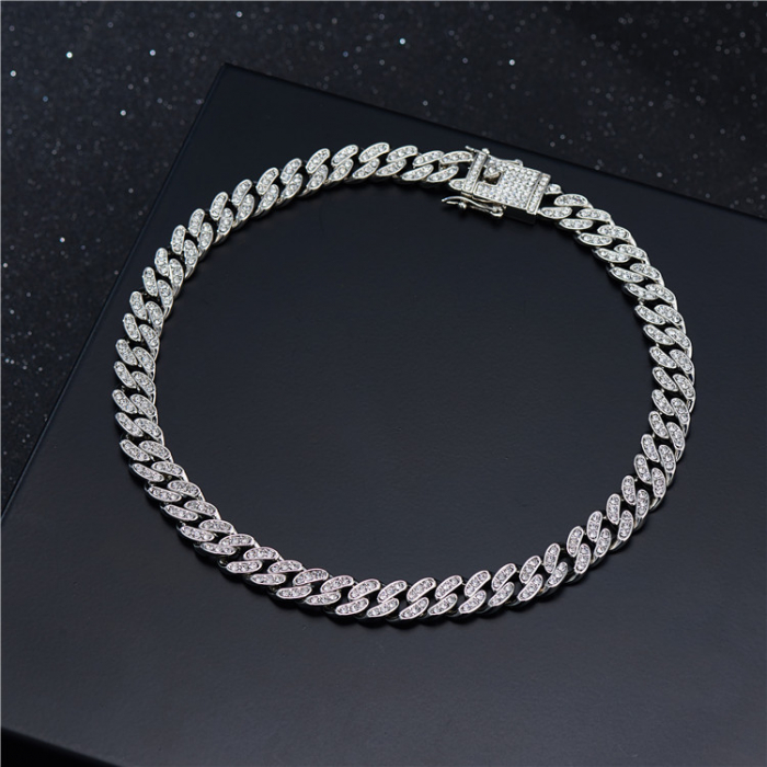 Lant Cuban Chain Link, placat cu aur 18K, insertii de zirconiu alb, 60 cm, argintiu [2]