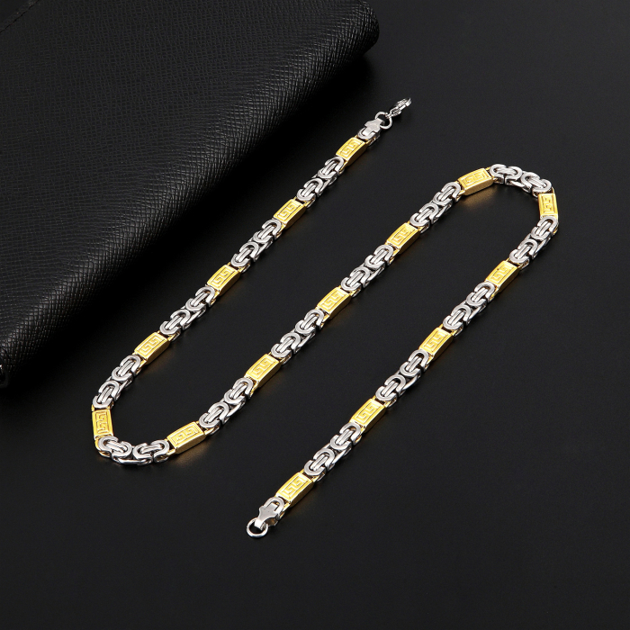Lant de gat in doua culori, model Byzantine cu catarama plata, otel inoxidabil, placat cu aur 18K, 7mm, 55 cm, Tessero, argintiu si auriu [2]