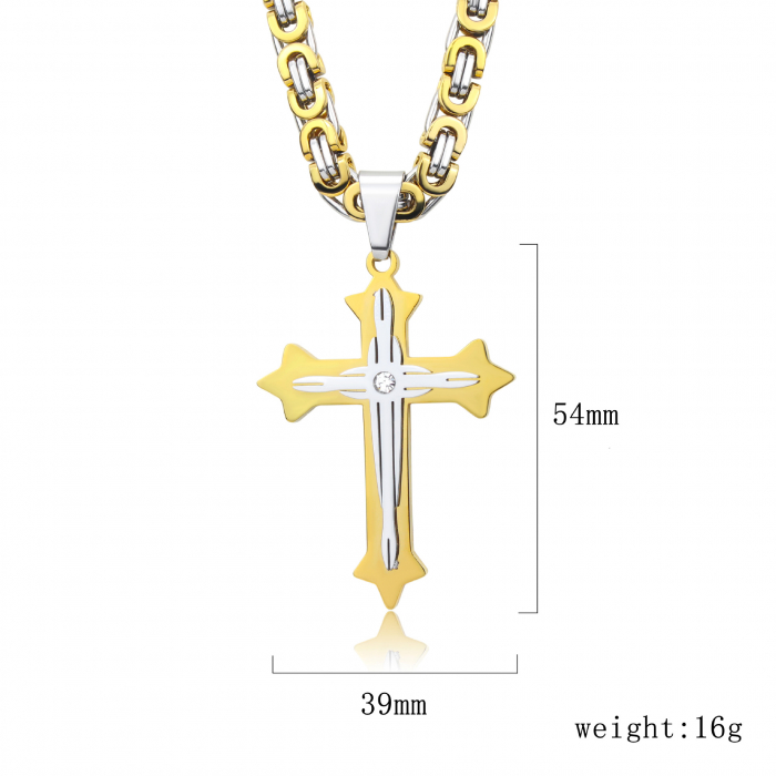 Lant de gat model Byzantine cu pandantiv in forma de cruce cu efect 3D cu piatra zirconiu, otel inoxidabil, placat cu aur 18K, auriu si argintiu, Tessero [1]