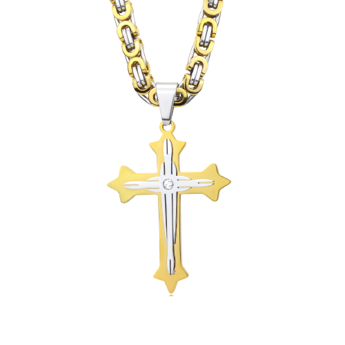 Lant de gat model Byzantine cu pandantiv in forma de cruce cu efect 3D cu piatra zirconiu, otel inoxidabil, placat cu aur 18K, auriu si argintiu, Tessero [3]
