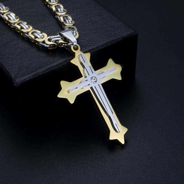 Lant de gat model Byzantine cu pandantiv in forma de cruce cu efect 3D cu piatra zirconiu, otel inoxidabil, placat cu aur 18K, auriu si argintiu, Tessero [2]