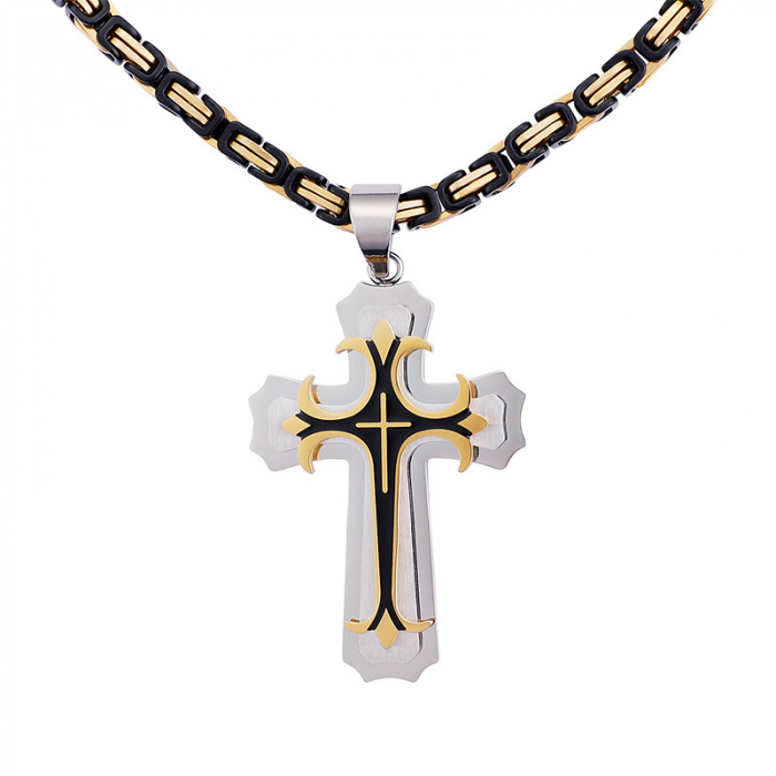 Lant de gat model Byzantine cu pandantiv in forma de cruce cu efect 3D, otel inoxidabil, placat cu aur 18K, negru si auriu, Tessero [1]