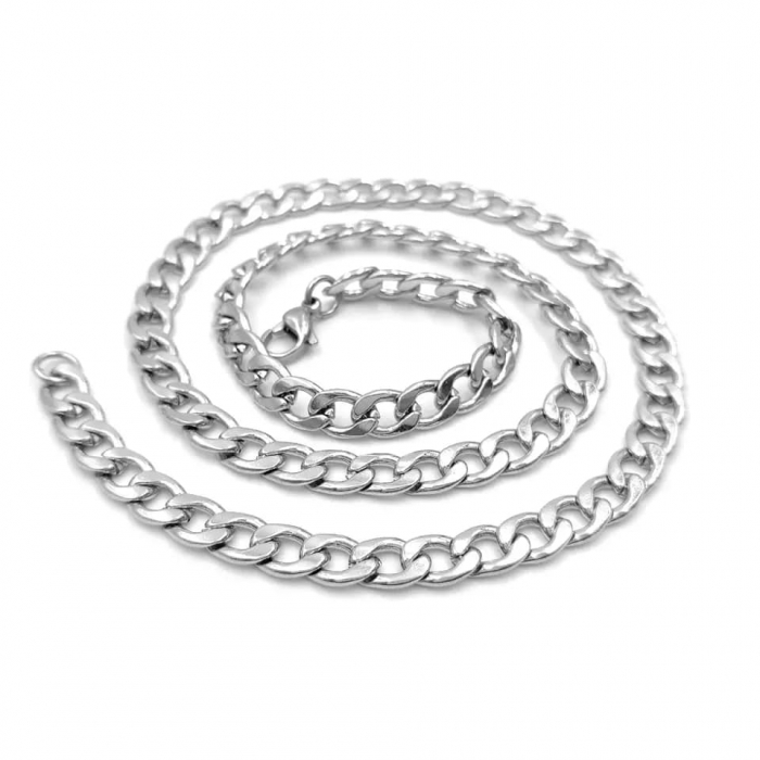 Lant de gat model Cuban Chain simplu din otel inoxidabil, unisex, placat cu argint, 12 mm, Tessero, 45 cm, argintiu [1]