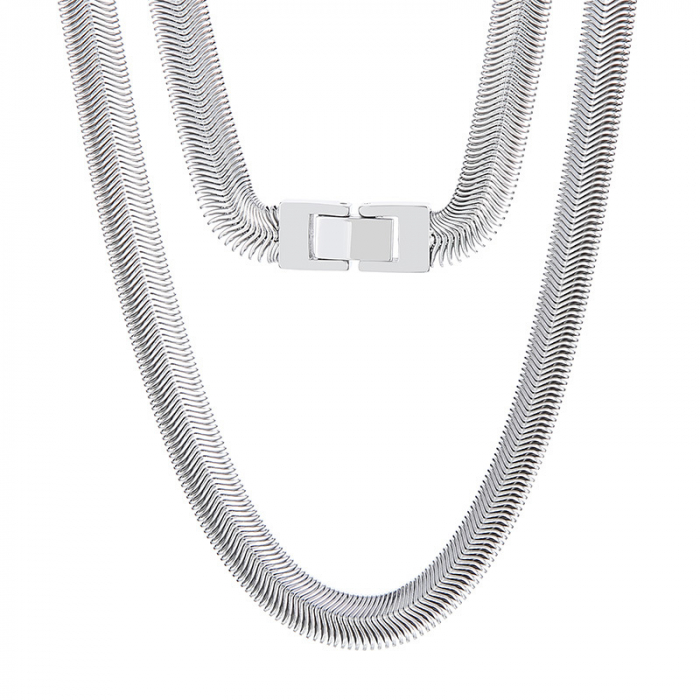 Lant Hip Hop model Snake Chain, otel inoxidabil, placat cu aur 18K, inchidere cu clips, 60 cm, 8mm, Tessero, argintiu [1]