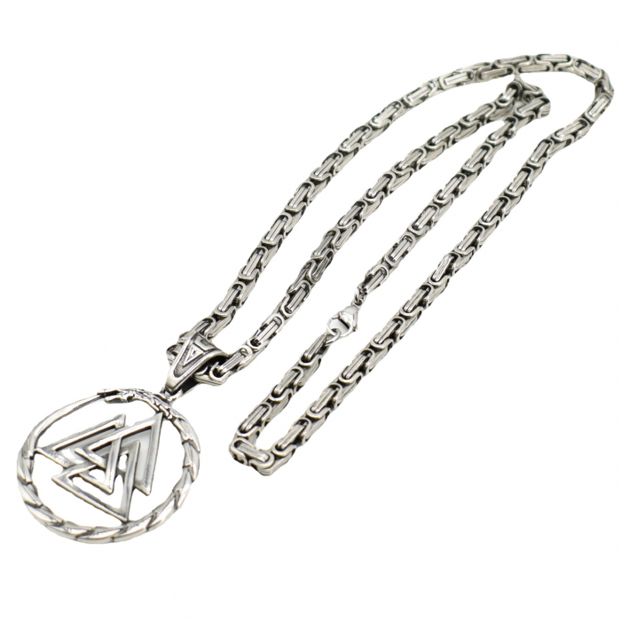 Lant model Byzantine cu pandantiv Viking cu design triunghiular, otel inoxidabil placat cu aur 18K, Tessero, argintiu [1]
