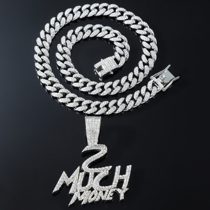 Lant model Cuban Chain cu pandantiv Hip Hop " 2 Much Money ", pietre zirconiu, placat cu aur 18K, unisex, 50 cm, Tessero, argintiu [2]