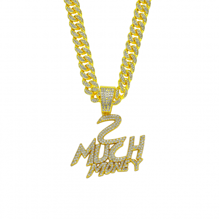 Lant model Cuban Chain cu pandantiv Hip Hop " 2 Much Money ", pietre zirconiu, placat cu aur 18K, unisex, 50 cm, Tessero, auriu [1]