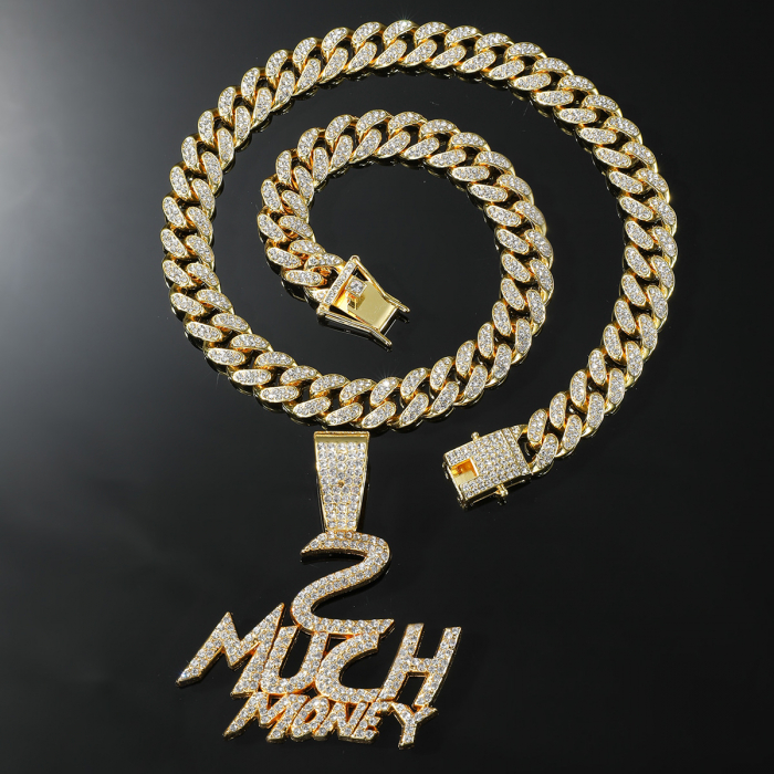 Lant model Cuban Chain cu pandantiv Hip Hop " 2 Much Money ", pietre zirconiu, placat cu aur 18K, unisex, 50 cm, Tessero, auriu [2]