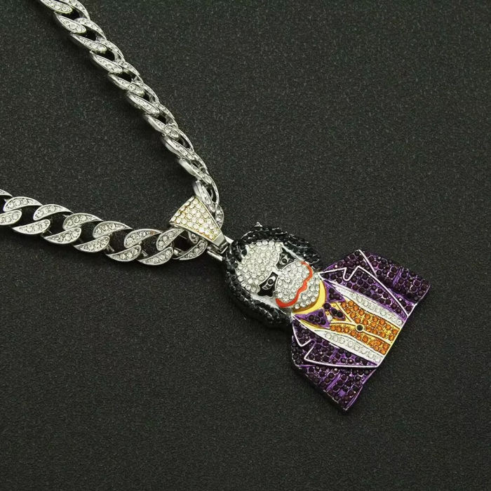 Lant model Cuban Chain cu pandantiv Hip Hop avatar Joker, pietre zirconiu, placat cu aur 18K, unisex, 50 cm, Tessero, argintiu [2]