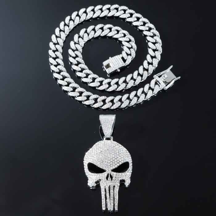 Lant model Cuban Chain cu pandantiv Hip Hop cap de mort, pietre zirconiu, placat cu aur 18K, unisex, 50 cm, Tessero, argintiu [2]