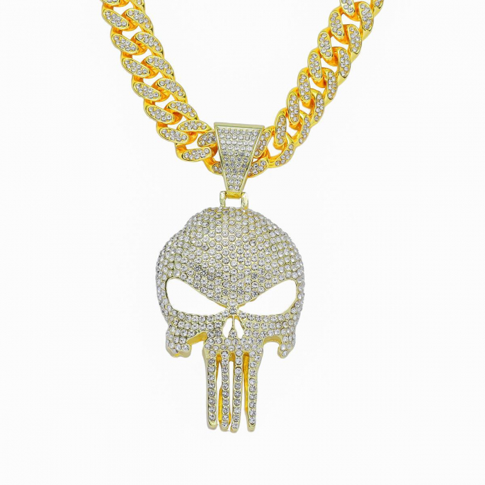 Lant model Cuban Chain cu pandantiv Hip Hop cap de mort, pietre zirconiu, placat cu aur 18K, unisex, 50 cm, Tessero, auriu [1]