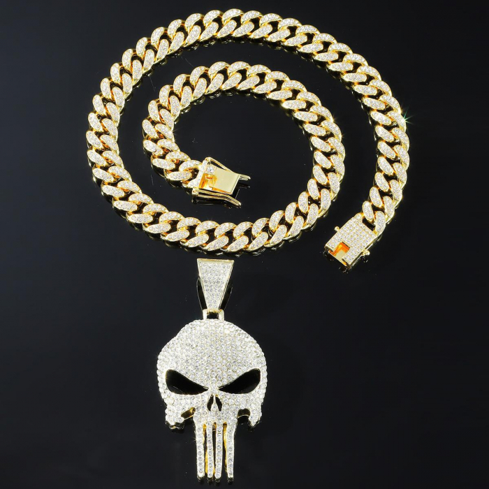 Lant model Cuban Chain cu pandantiv Hip Hop cap de mort, pietre zirconiu, placat cu aur 18K, unisex, 50 cm, Tessero, auriu [2]