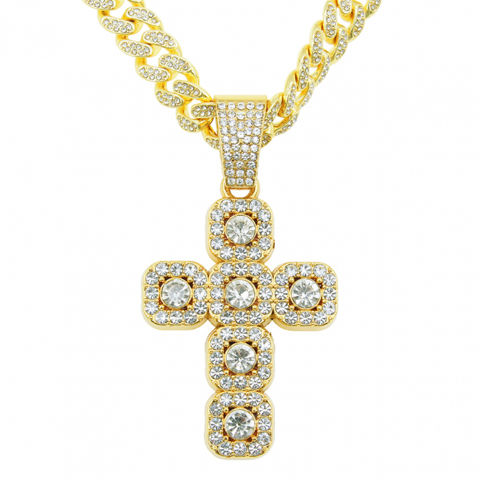 Lant model Cuban Chain cu pandantiv Hip Hop Diamond Iced Out in forma de cruce, pietre zirconiu, placat cu aur 18K, unisex, 50 cm, Tessero, auriu [3]