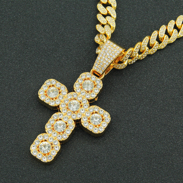 Lant model Cuban Chain cu pandantiv Hip Hop Diamond Iced Out in forma de cruce, pietre zirconiu, placat cu aur 18K, unisex, 50 cm, Tessero, auriu [1]