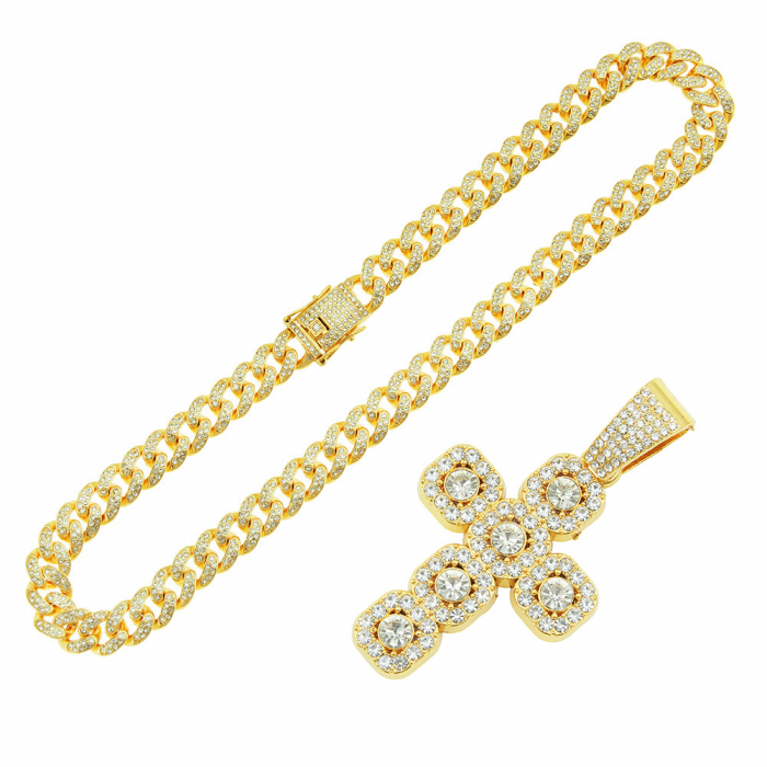 Lant model Cuban Chain cu pandantiv Hip Hop Diamond Iced Out in forma de cruce, pietre zirconiu, placat cu aur 18K, unisex, 50 cm, Tessero, auriu [2]
