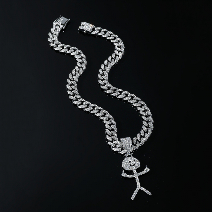 Lant model Cuban Chain cu pandantiv Hip Hop Diamond Iced Out in forma de figurina vulgara, pietre zirconiu, placat cu aur 18K, unisex, 50 cm, Tessero, argintiu [4]