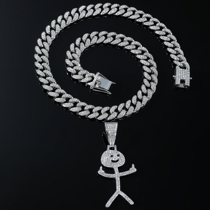 Lant model Cuban Chain cu pandantiv Hip Hop Diamond Iced Out in forma de figurina vulgara, pietre zirconiu, placat cu aur 18K, unisex, 50 cm, Tessero, argintiu [3]