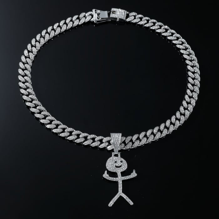 Lant model Cuban Chain cu pandantiv Hip Hop Diamond Iced Out in forma de figurina vulgara, pietre zirconiu, placat cu aur 18K, unisex, 50 cm, Tessero, argintiu [2]