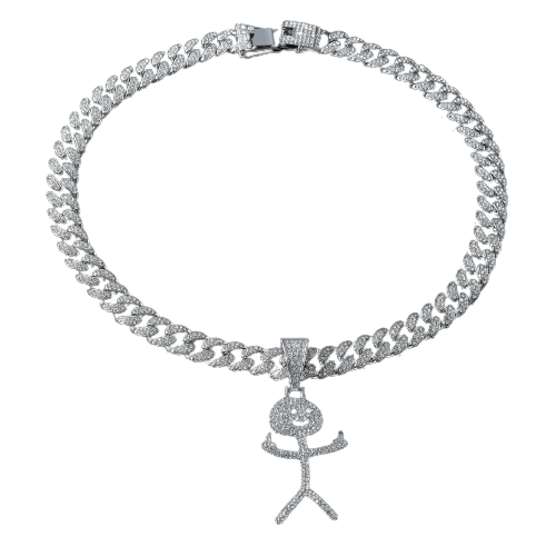 Lant model Cuban Chain cu pandantiv Hip Hop Diamond Iced Out in forma de figurina vulgara, pietre zirconiu, placat cu aur 18K, unisex, 50 cm, Tessero, argintiu [1]