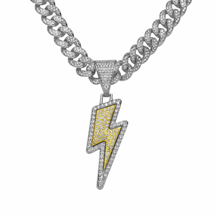 Lant model Cuban Chain cu pandantiv Hip Hop Iced Out in forma de fulger, pietre zirconiu, placat cu aur 18K, unisex, 50 cm, Tessero, argintiu [2]