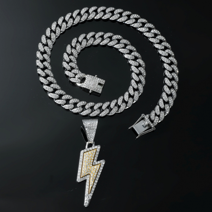 Lant model Cuban Chain cu pandantiv Hip Hop Iced Out in forma de fulger, pietre zirconiu, placat cu aur 18K, unisex, 50 cm, Tessero, argintiu [1]