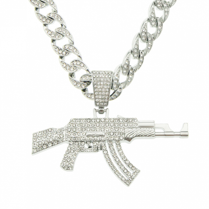 Lant model Cuban Chain cu pandantiv Hip Hop Iced Out in forma de pusca AK47, pietre zirconiu, placat cu aur 18K, unisex, 50 cm, Tessero, argintiu [1]