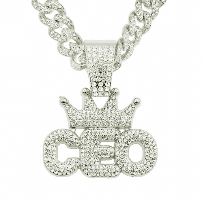 Lant model Cuban Chain cu pandantiv Hip Hop Iced Out inscriptionat CEO, director executiv, pietre zirconiu, placat cu aur 18K, unisex, Tessero, argintiu [1]