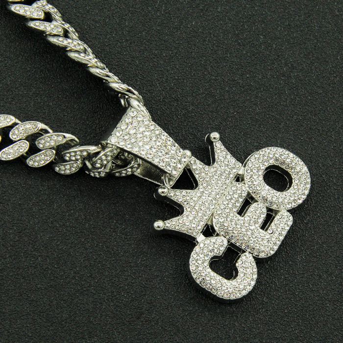 Lant model Cuban Chain cu pandantiv Hip Hop Iced Out inscriptionat CEO, director executiv, pietre zirconiu, placat cu aur 18K, unisex, Tessero, argintiu [3]