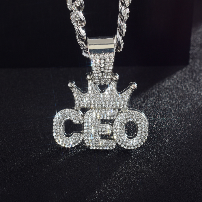 Lant model Cuban Chain cu pandantiv Hip Hop Iced Out inscriptionat CEO, director executiv, pietre zirconiu, placat cu aur 18K, unisex, Tessero, argintiu [4]