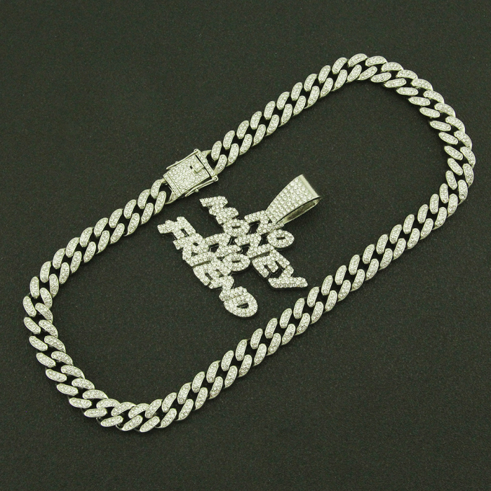 Lant model Cuban Chain cu pandantiv Hip Hop Iced Out No Money No Friend, pietre zirconiu, placat cu aur 18K, unisex, 50 cm, Tessero, argintiu [2]