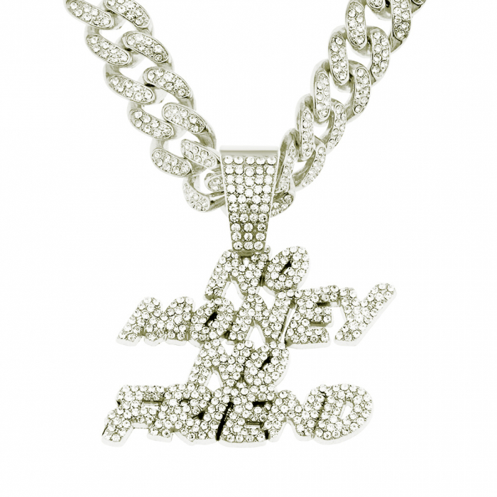 Lant model Cuban Chain cu pandantiv Hip Hop Iced Out No Money No Friend, pietre zirconiu, placat cu aur 18K, unisex, 50 cm, Tessero, argintiu [1]