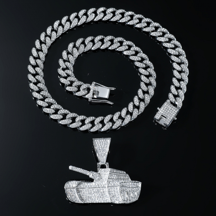 Lant model Cuban Chain cu pandantiv Hip Hop in forma de tanc, pietre zirconiu, placat cu aur 18K, unisex, 50 cm, Tessero, argintiu [2]