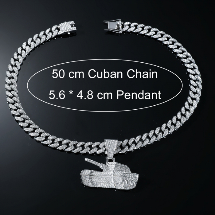 Lant model Cuban Chain cu pandantiv Hip Hop in forma de tanc, pietre zirconiu, placat cu aur 18K, unisex, 50 cm, Tessero, argintiu [1]