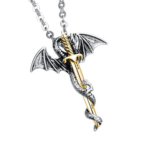 Lantisor barbatesc cu pandantiv model dragon infasurat pe sabie, placat cu argint, 55 cm, argintiu, Tessero [2]