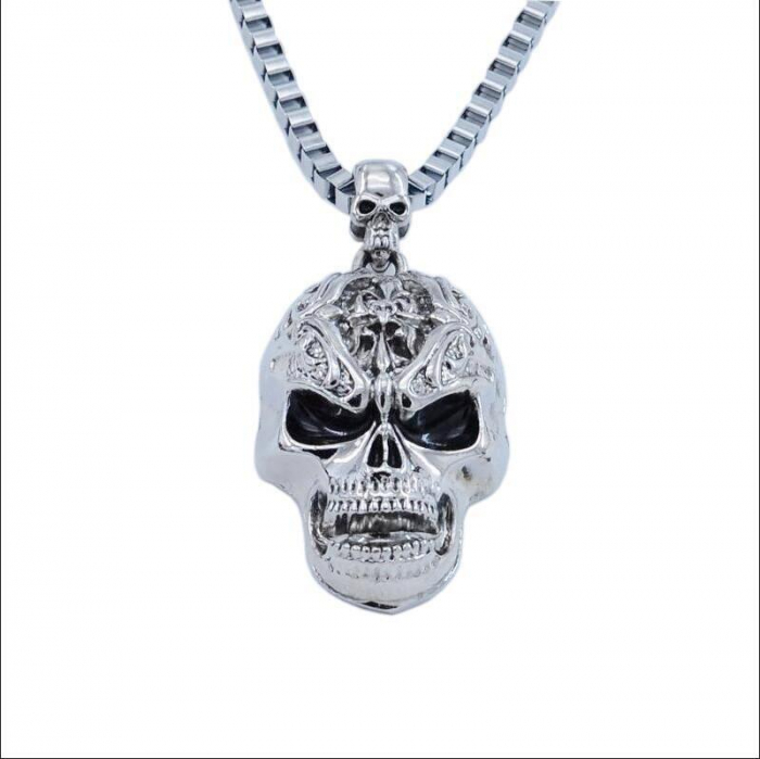 Lantisor barbatesc model Punk cu pandantiv cap de mort, otel inoxidabil, placat cu aur 18k, Tessero, argintiu [2]