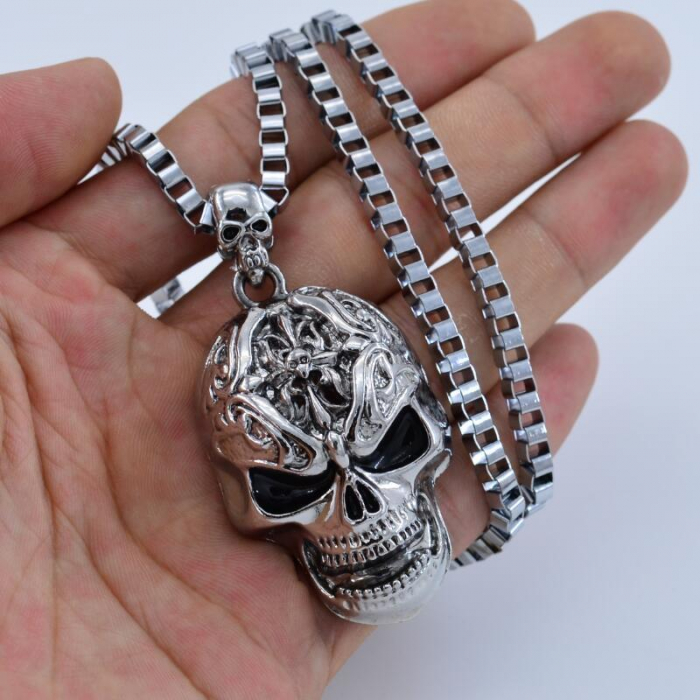 Lantisor barbatesc model Punk cu pandantiv cap de mort, otel inoxidabil, placat cu aur 18k, Tessero, argintiu [3]