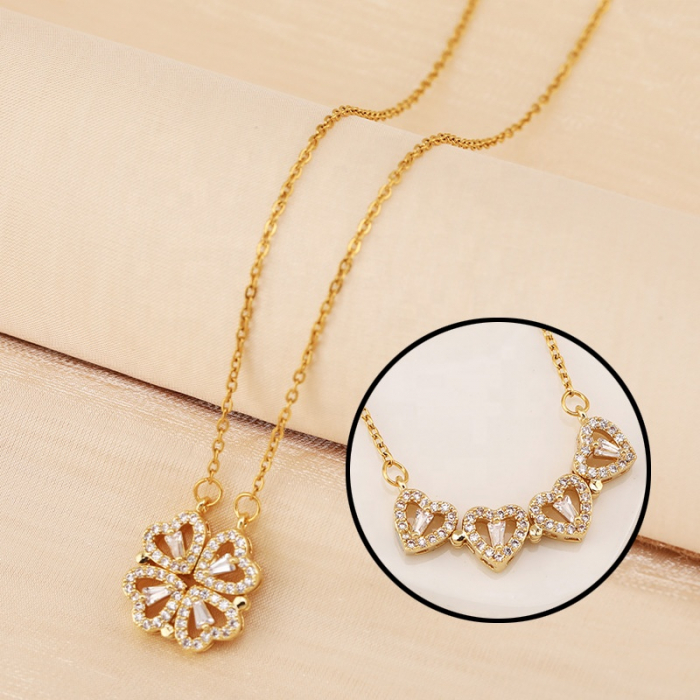 Lantisor cu pandantiv 2 in 1 magnetic, in forma de inima, doua modele, placat cu aur 18K, pietre zirconiu, auriu [2]